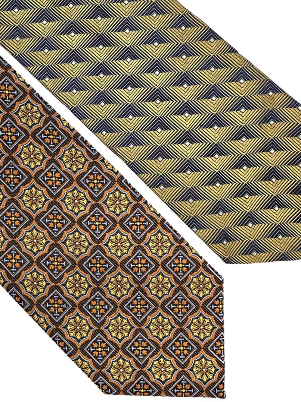 Lot os 2 Gold Blue Brown Geometric Dressy Tie Necktie ~ Crazy Horse & Stafford